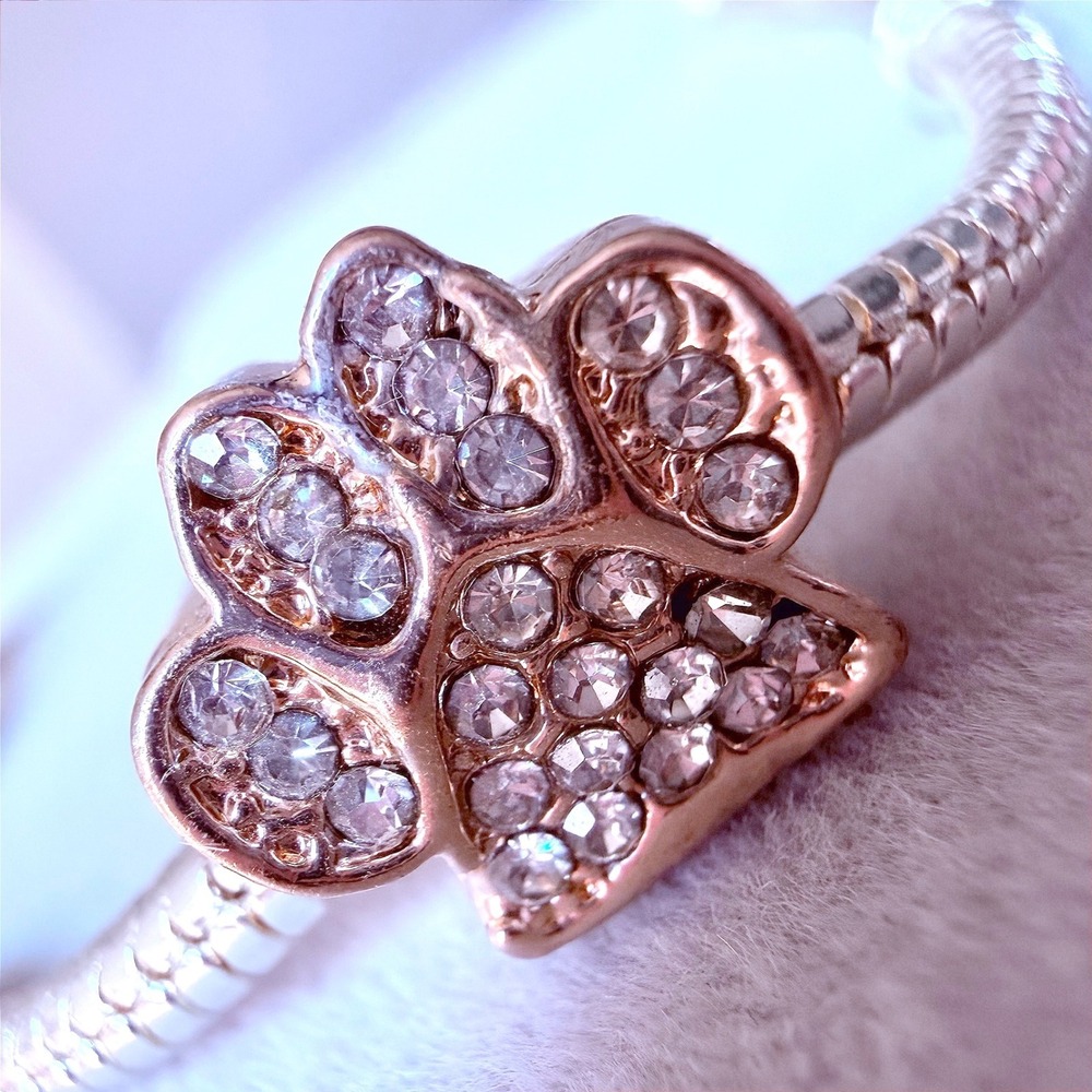 Rose Gold Crystal Paw Print Charm fits PANDORA Bracelet Pet Dog Mom Lover